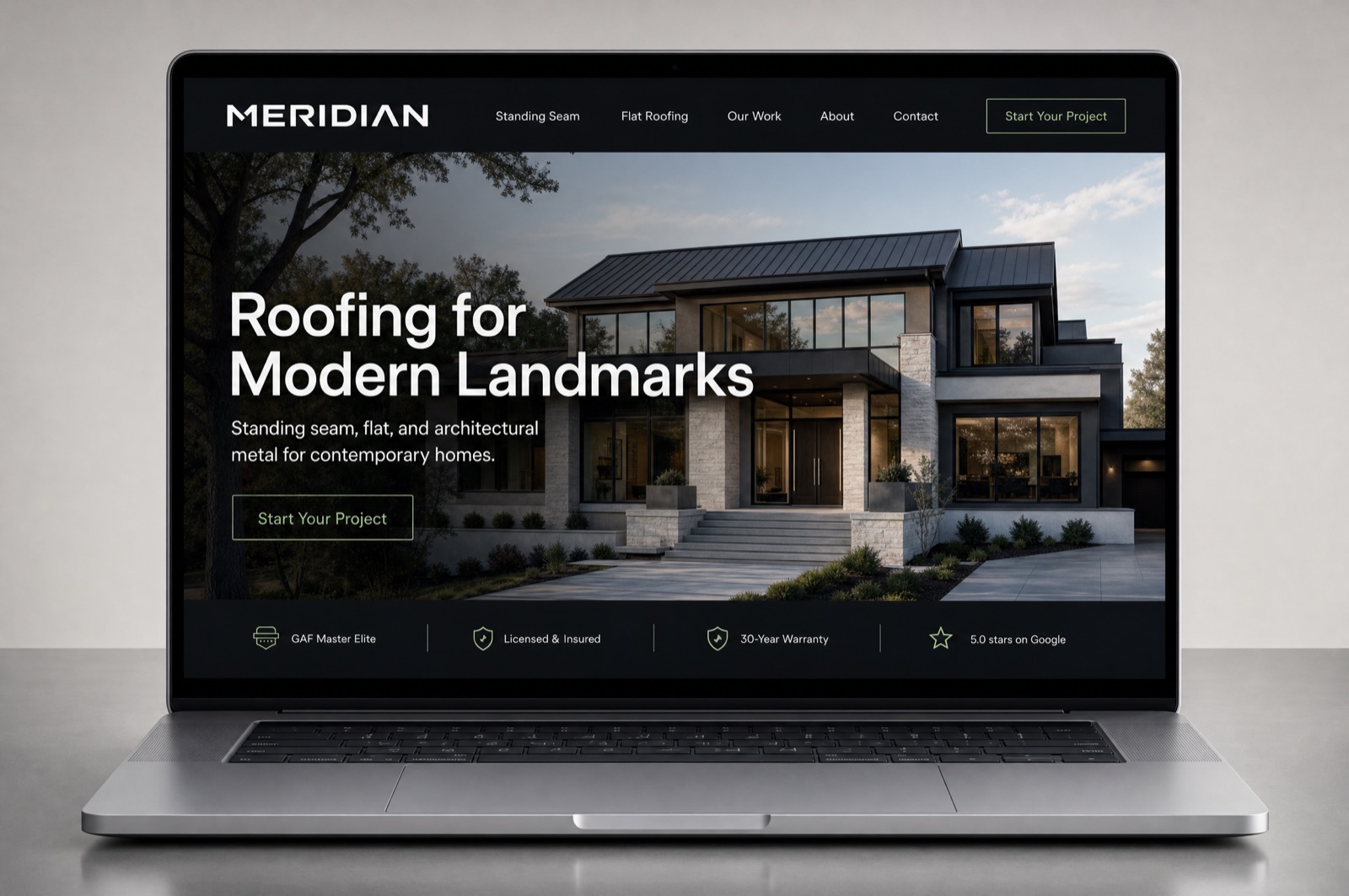 Premium dark roofing website mockup for a fictional brand named Meridian, with a sage-green accent and a modern home with a standing-seam metal roof